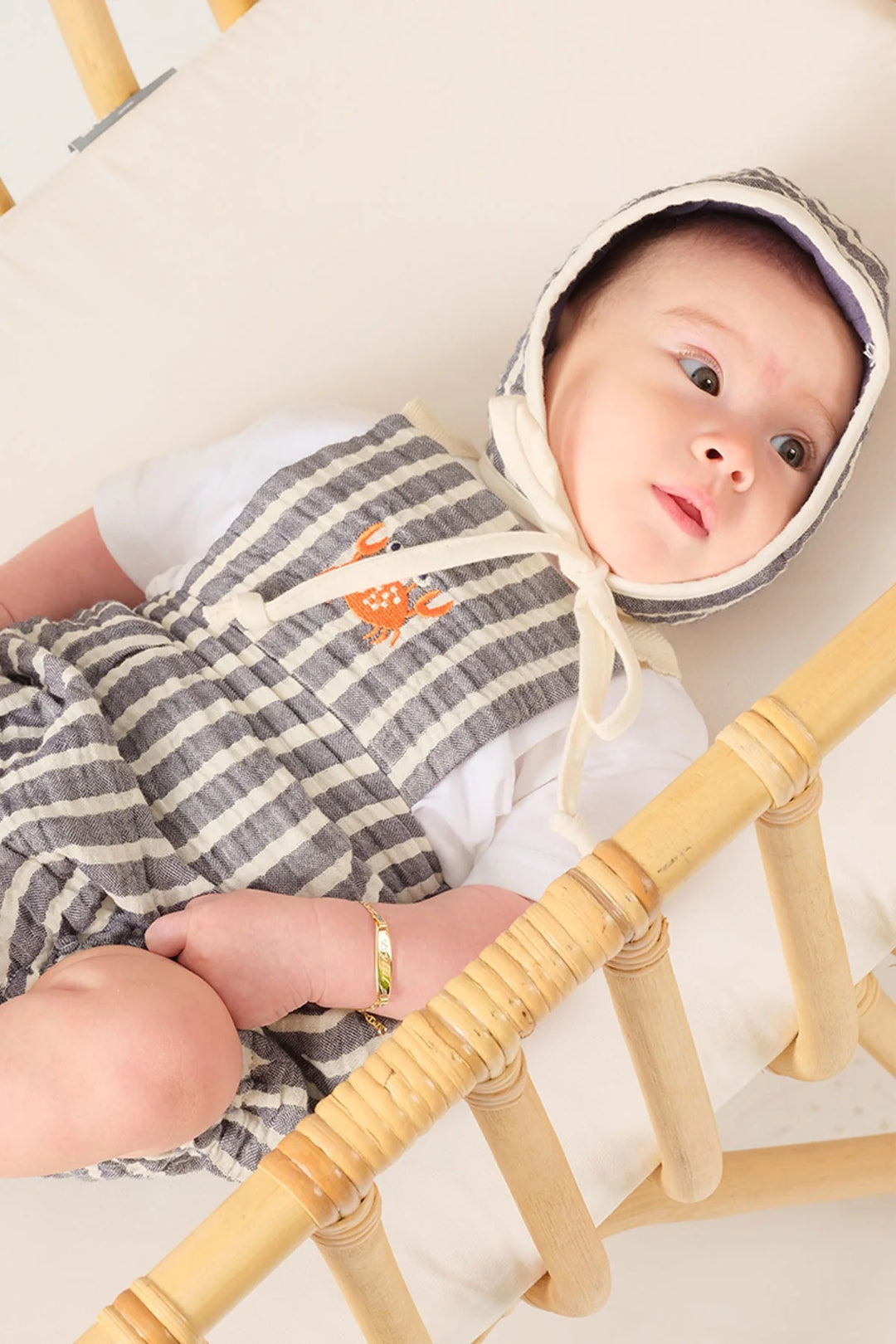 Yengeç Nakışlı Çizgili Müslin Bebek Salopet Lacivert