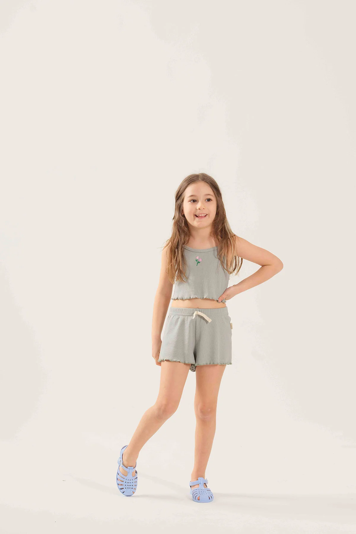 Flora Nakışlı Crop Fitilli Takım Mint