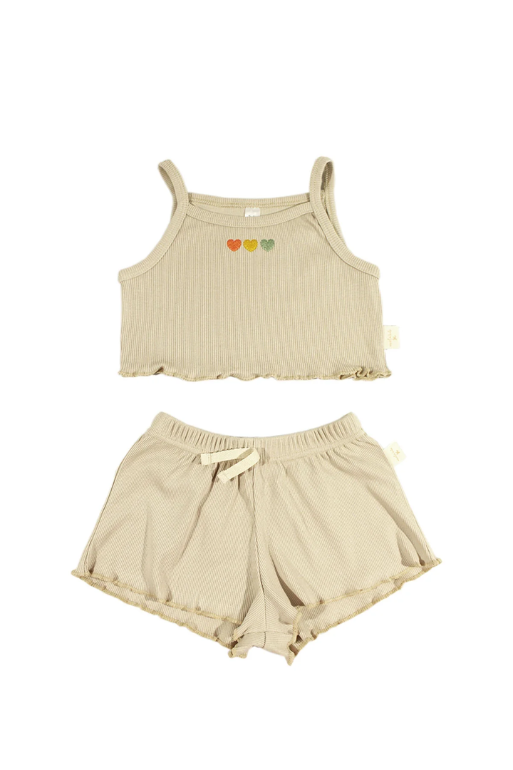 Hearts Nakışlı Crop Fitilli Takım Bej