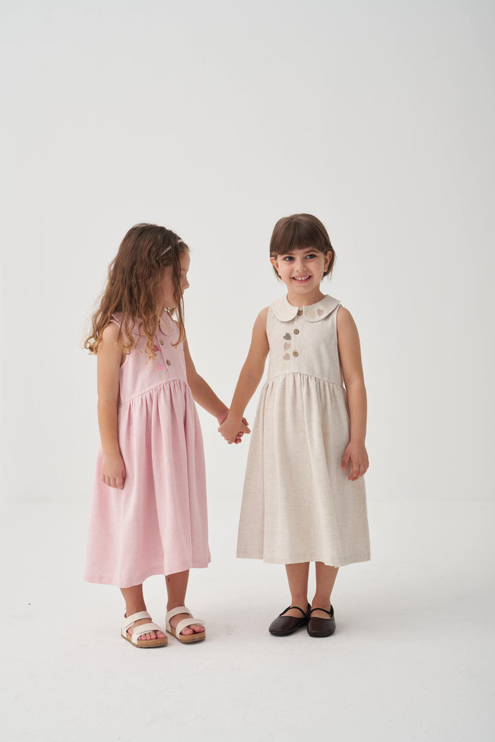 OLV462-1 KALP NAKIŞLI BEBE YAKA KETEN ELBİSE