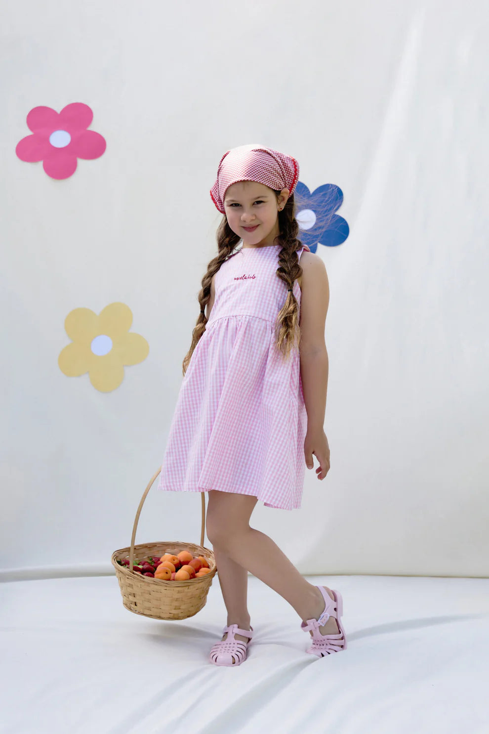Miela Kids Cherry Detaylı Pembe Ekose Elbise