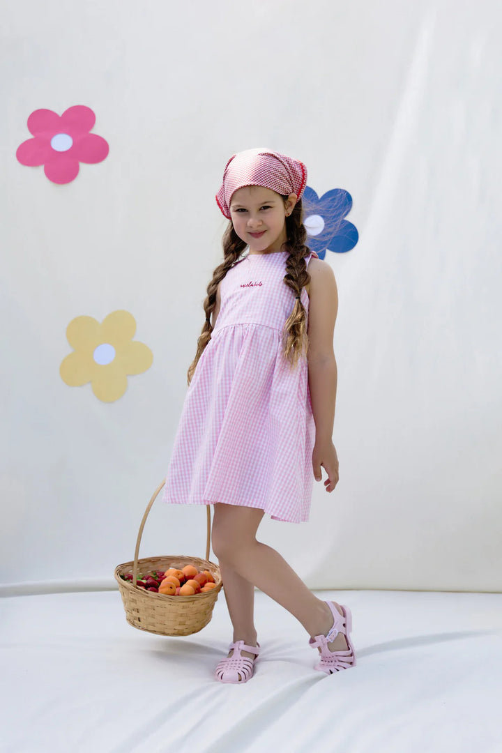 Miela Kids Cherry Detaylı Pembe Ekose Elbise