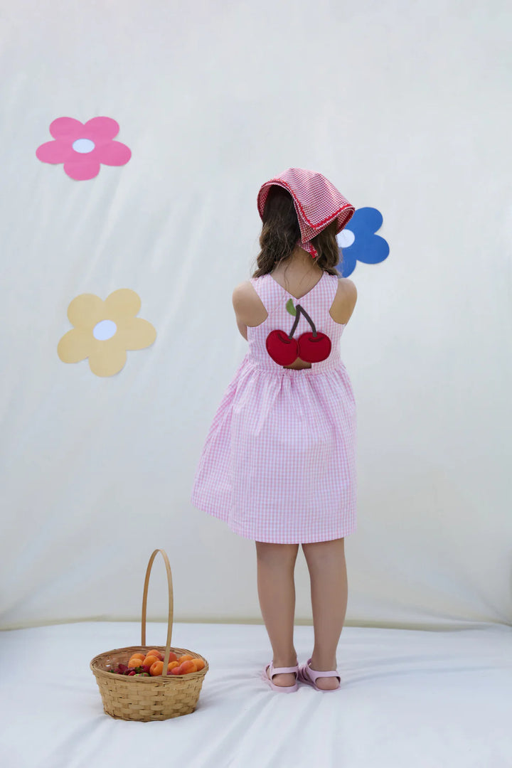 Miela Kids Cherry Detaylı Pembe Ekose Elbise