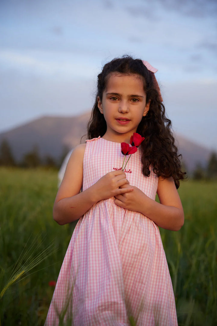 Miela Kids Cherry Detaylı Pembe Ekose Elbise