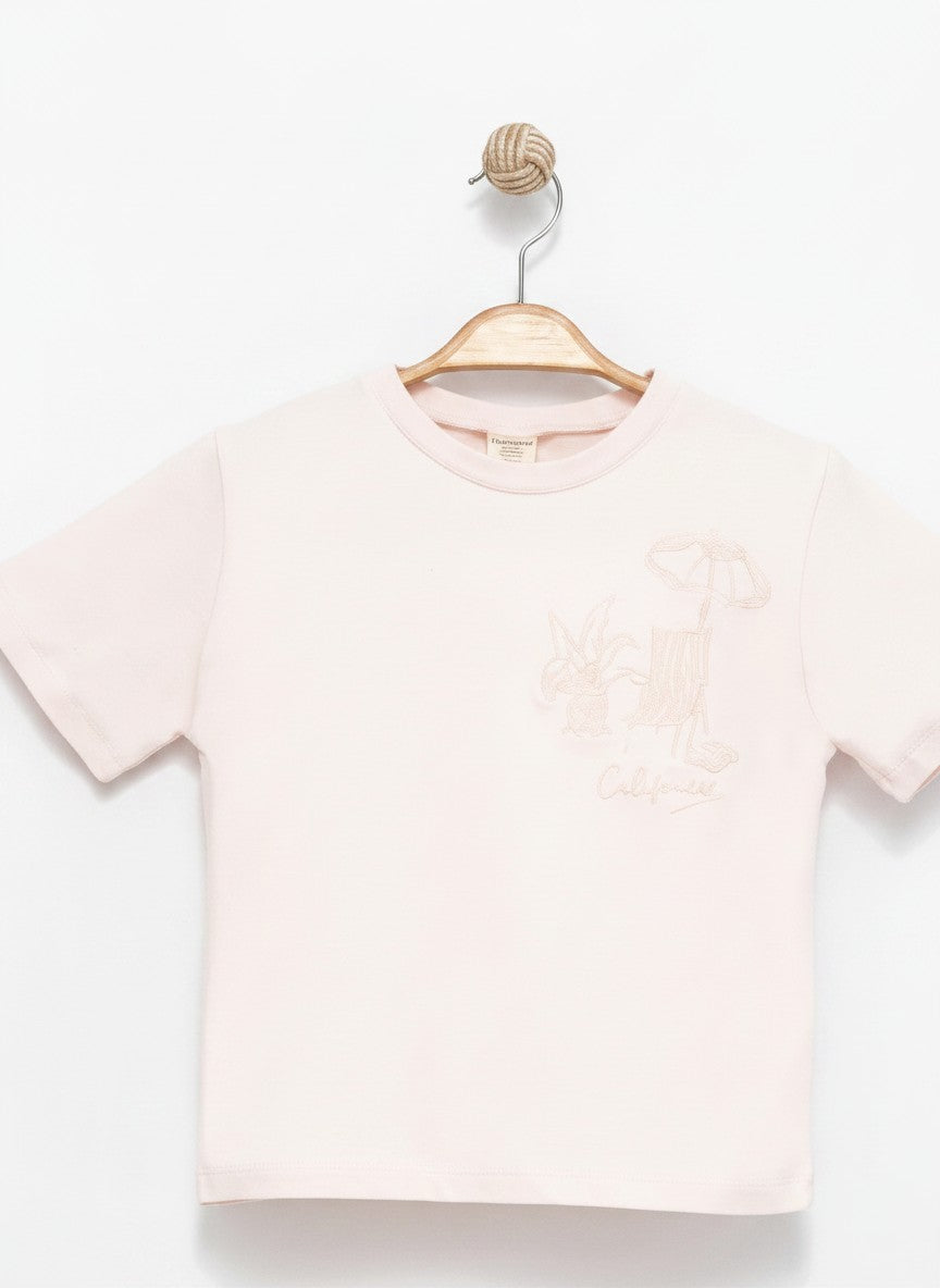 İşleme Detaylı Soft Cotton T-shirt Pudra 2710-3