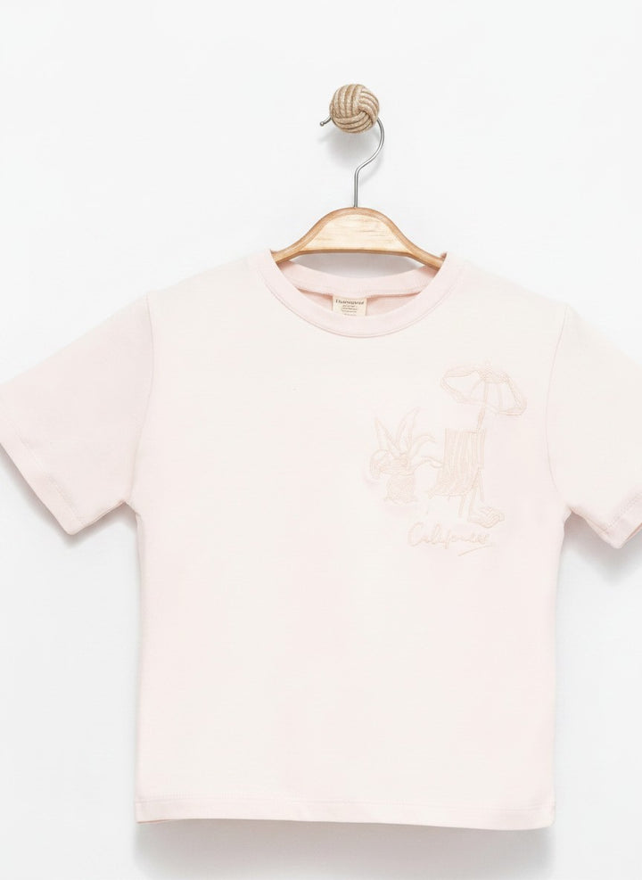 İşleme Detaylı Soft Cotton T-shirt Pudra 2710-3