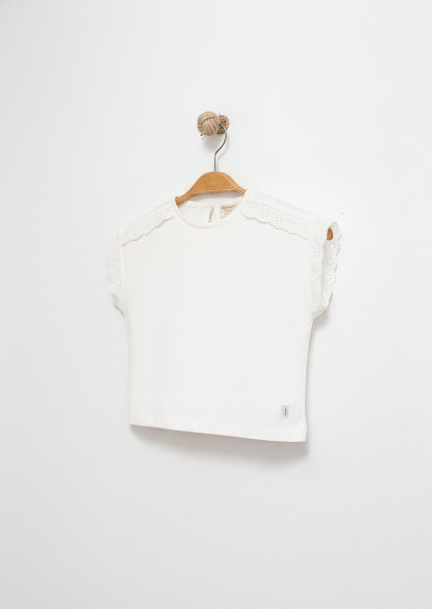 Nakışlı Crop Cotton T-Shirt Ekru 2738-2