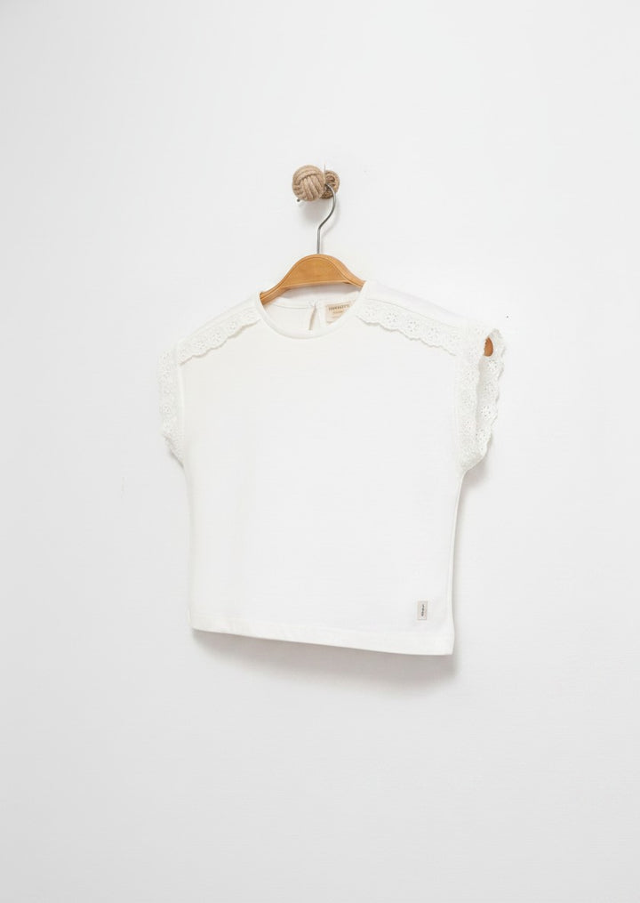 Nakışlı Crop Cotton T-Shirt Ekru 2738-2