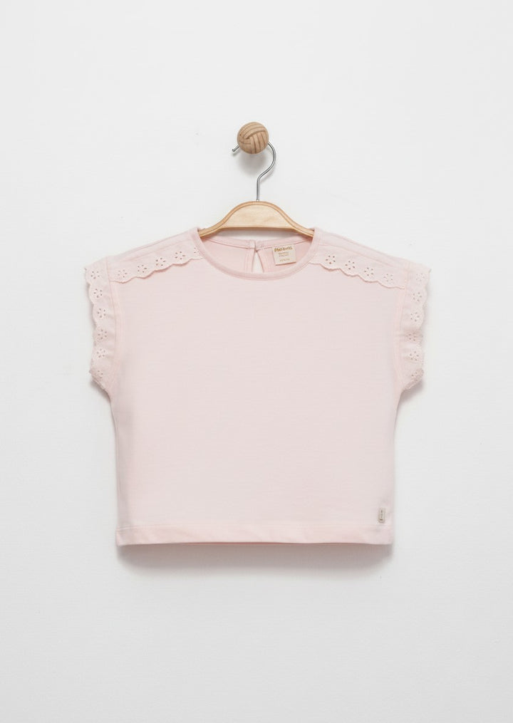Nakışlı Crop Cotton T-Shirt Pudra 2738-2
