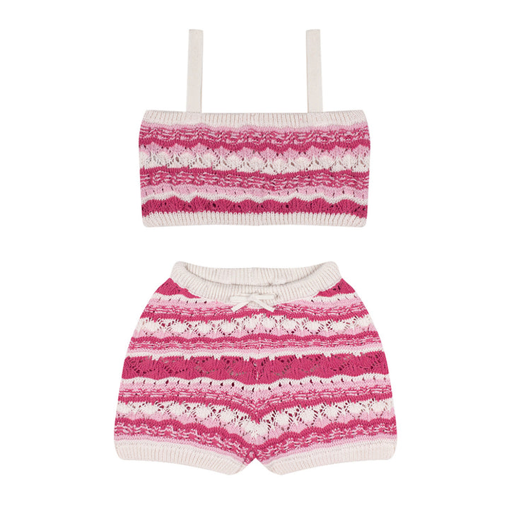 Antebies Pembe Jakarlı Triko Şortlu Set