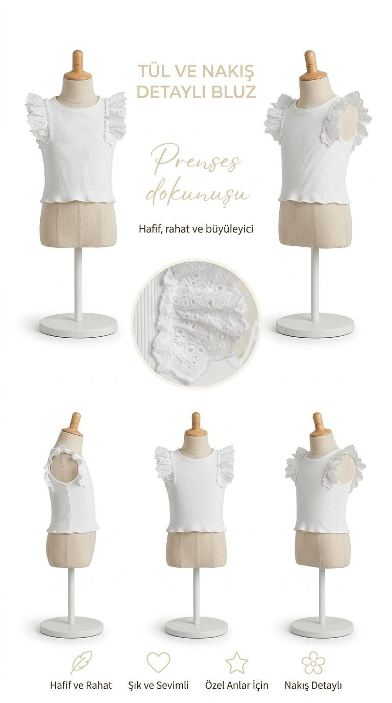 Chica Magica Dantel Fırfır Detaylı Beyaz Kız Çocuk Crop Bluz