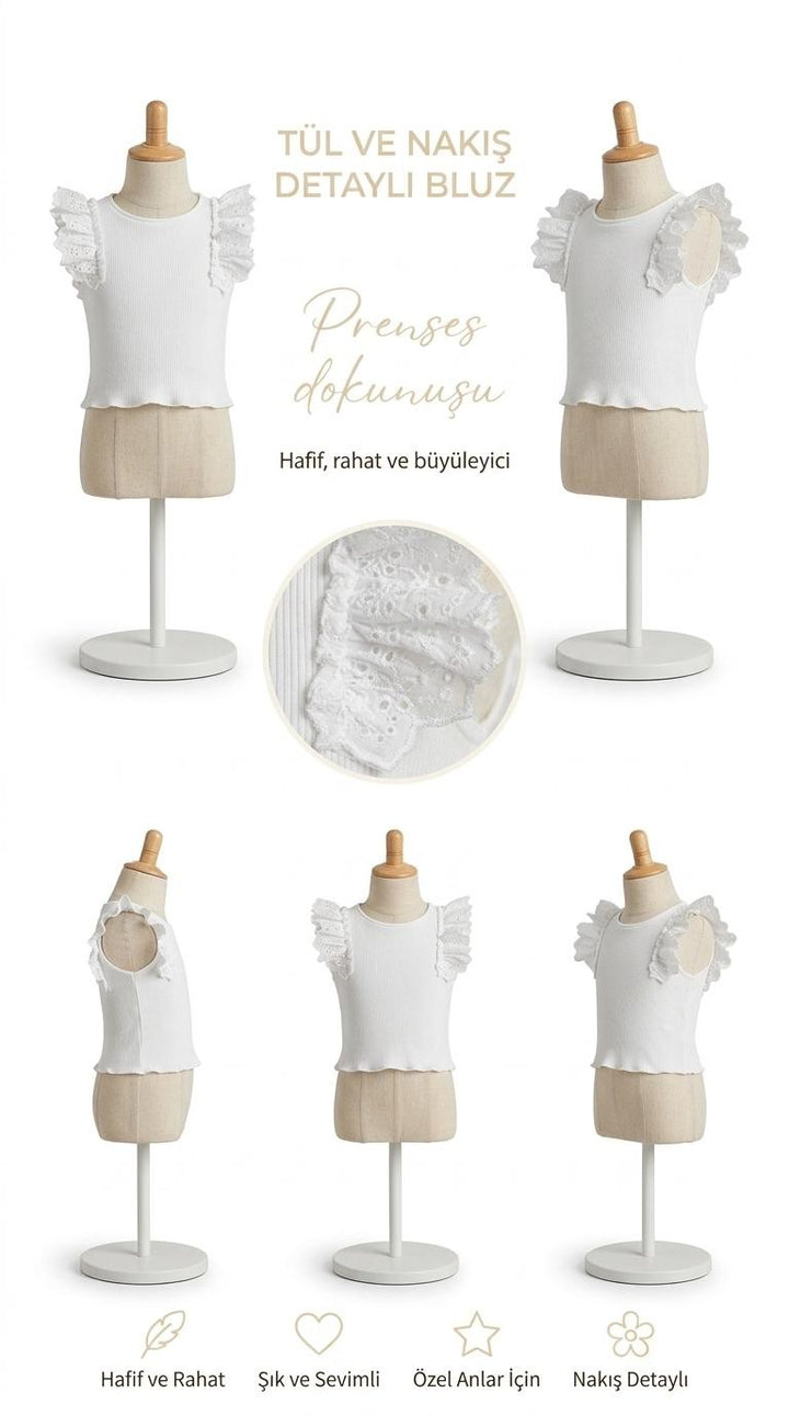 Chica Magica Dantel Fırfır Detaylı Beyaz Kız Çocuk Crop Bluz