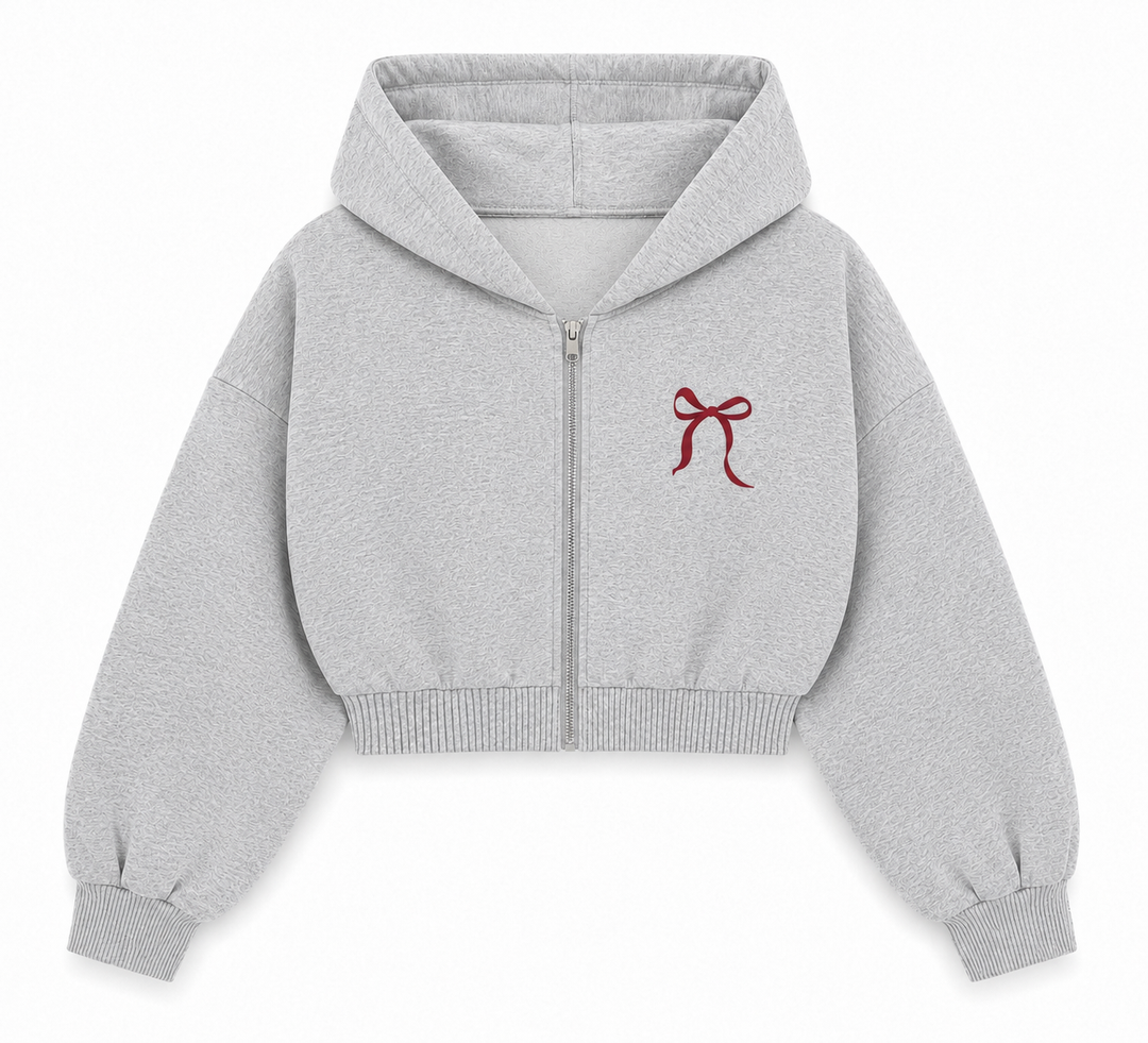 Puppy Dream Crop Kapüşonlu Sweatshirt - Gri Melanj
