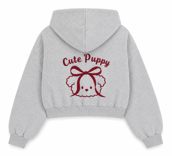 Puppy Dream Crop Kapüşonlu Sweatshirt - Gri Melanj