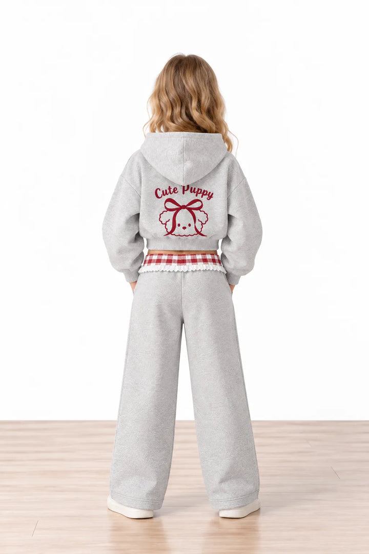Puppy Dream Crop Kapüşonlu Sweatshirt - Gri Melanj