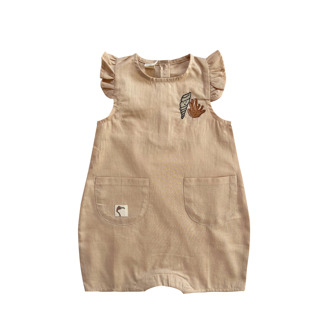 IVORY CREAM ’SHELL AND CORAL’ PLEATED WOVEN ROMPER