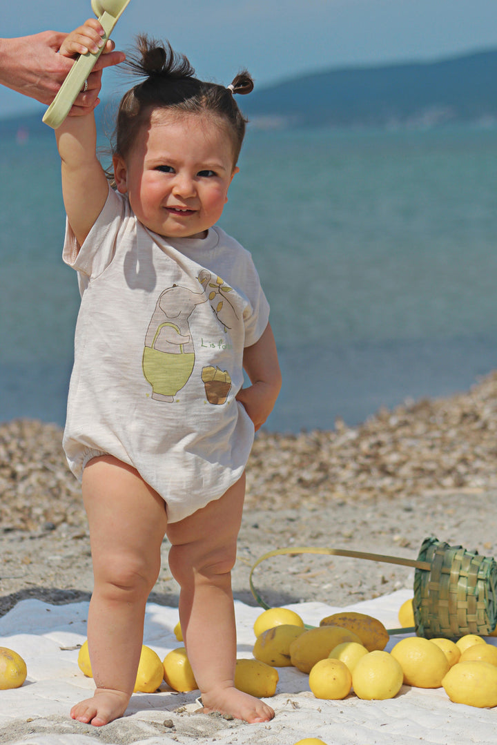 Auntie Me Elephant picking up Lemons’ Bubble Onesie 100% organic cotton - certified