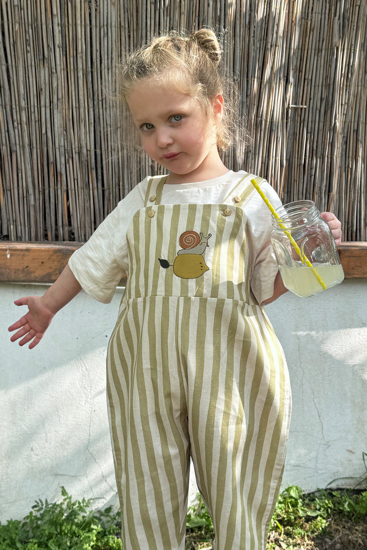 Auntie Me ‘Snail &amp; Lemon’ Stripes Salopette 70% cotton %30 linen