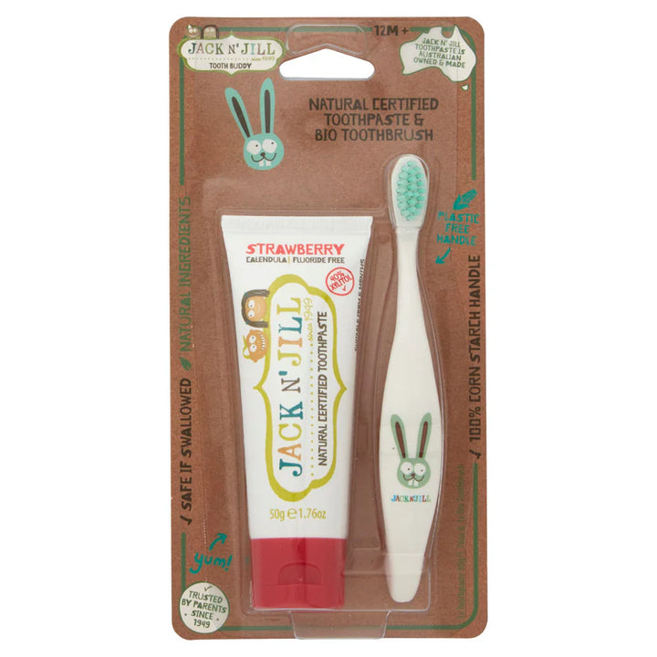 Tooth Buddy Pack- Doğal Sertifikalı Çilek Diş Macunu 50g+ Bunny Diş Fırçası +12m