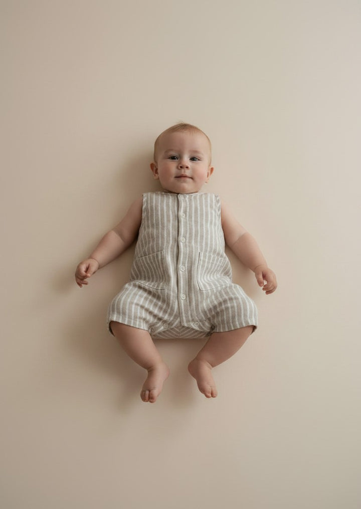 Petits Nobles  Oliver Stripe Romper – Sand
