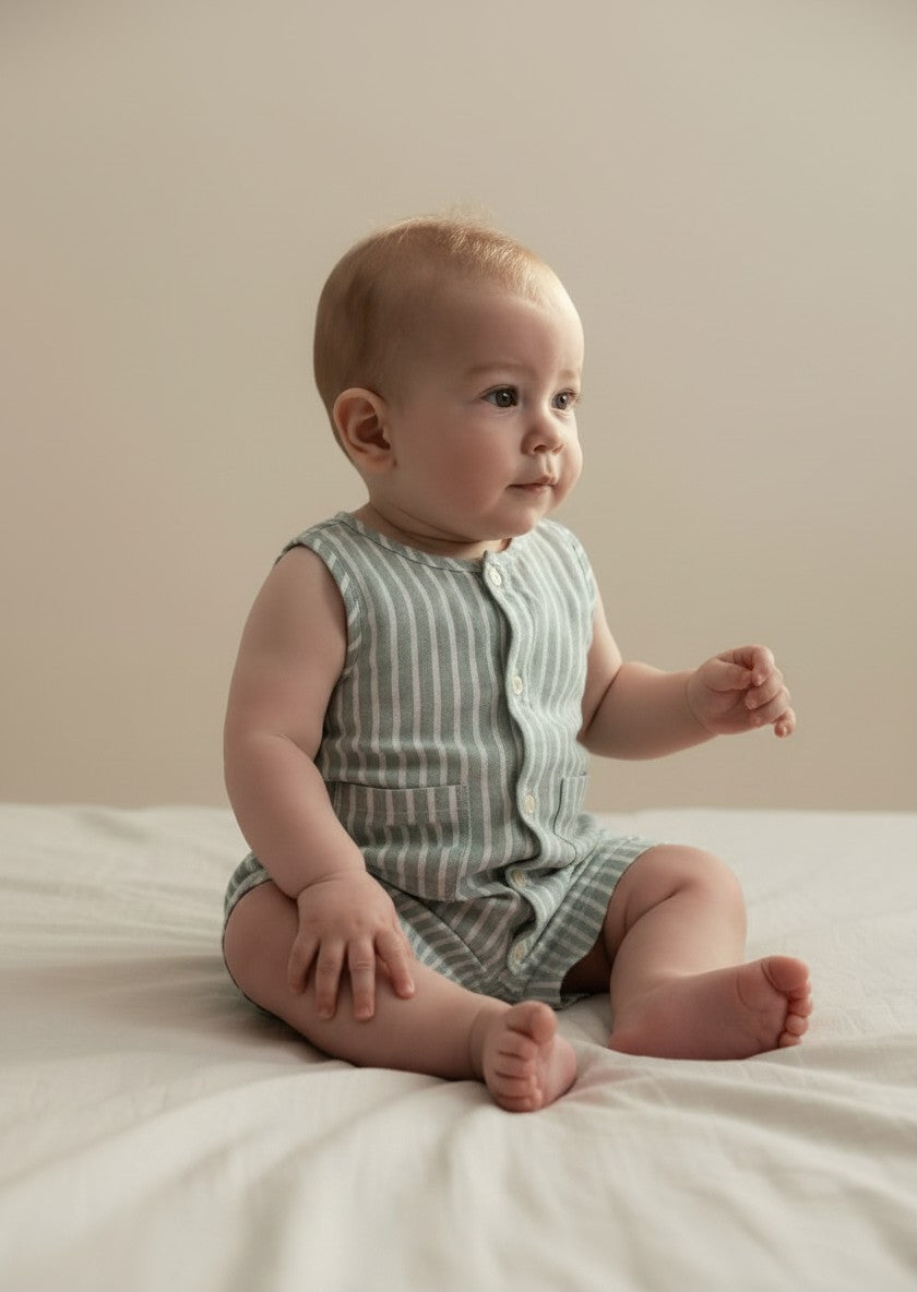 Petits Nobles Oliver Stripe Romper – Sage