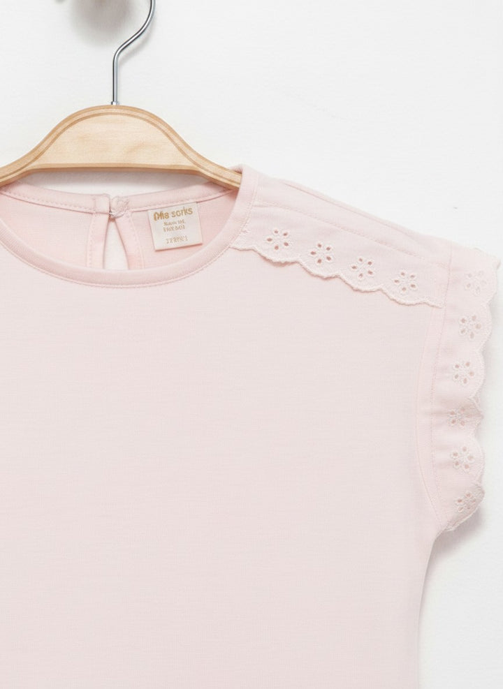 Nakışlı Crop Cotton T-Shirt Pudra 2738-2
