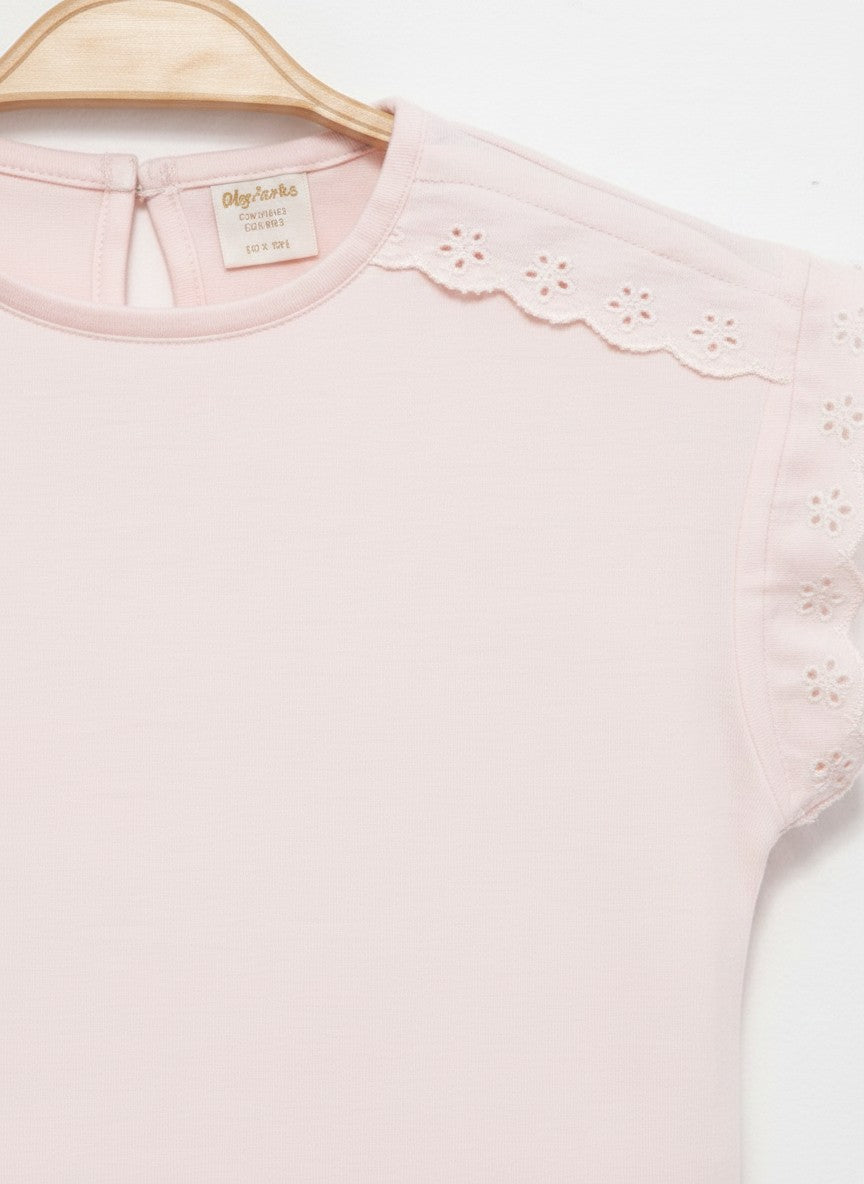 Nakışlı Crop Cotton T-Shirt Pudra 2738-2