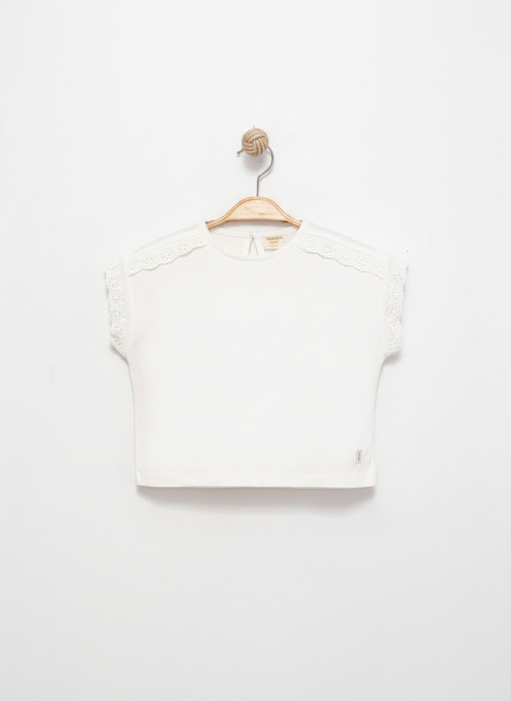 Nakışlı Crop Cotton T-Shirt Ekru 2738-2