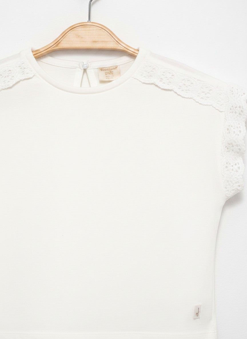 Nakışlı Crop Cotton T-Shirt Ekru 2738-2
