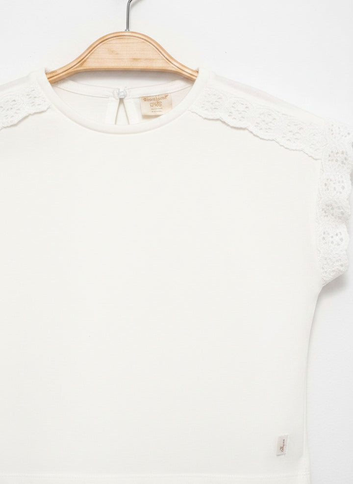 Nakışlı Crop Cotton T-Shirt Ekru 2738-2