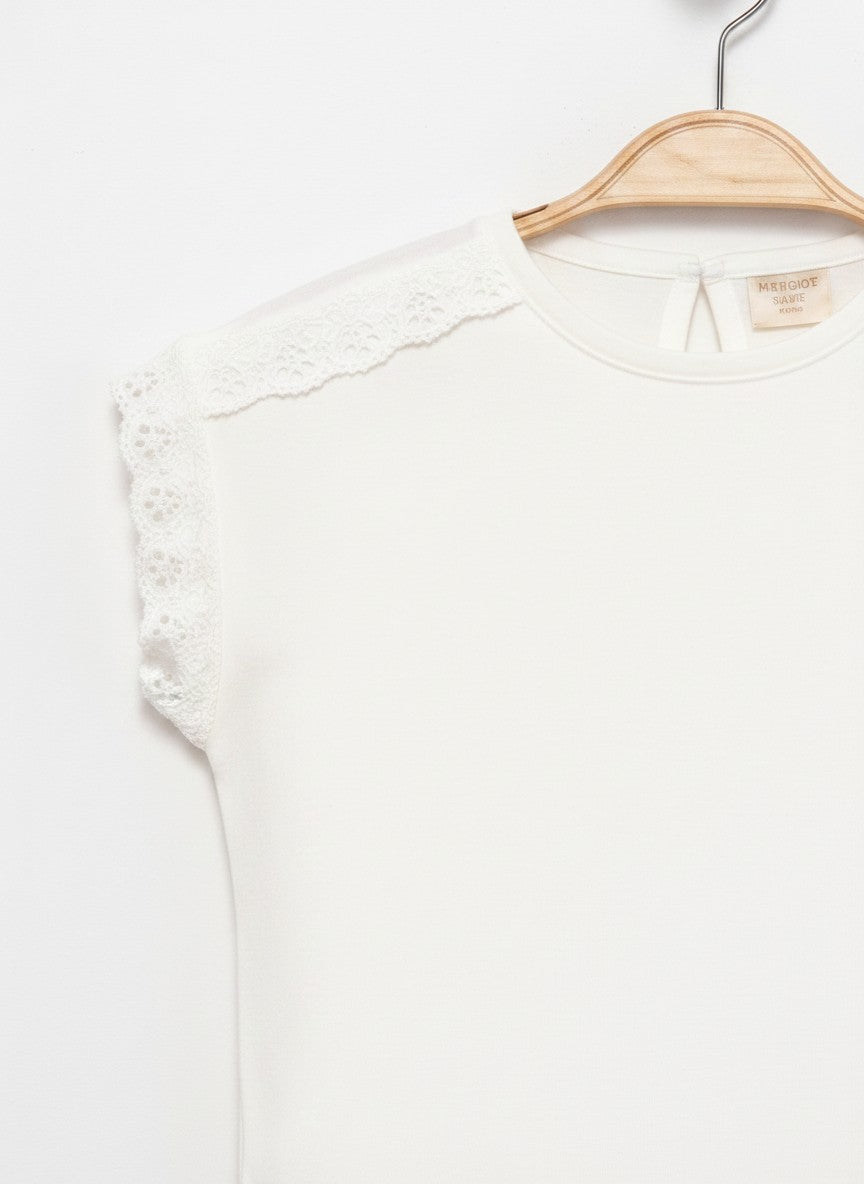 Nakışlı Crop Cotton T-Shirt Ekru 2738-2