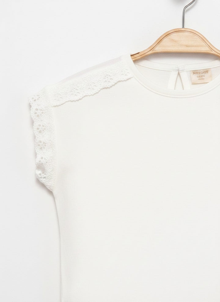 Nakışlı Crop Cotton T-Shirt Ekru 2738-2