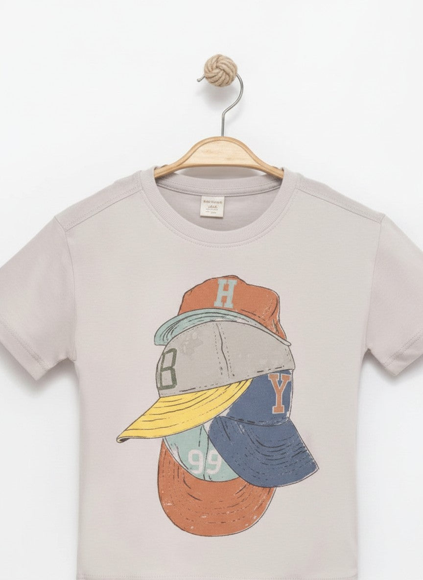 Caps Detail Cotton T-Shirt 3427-3
