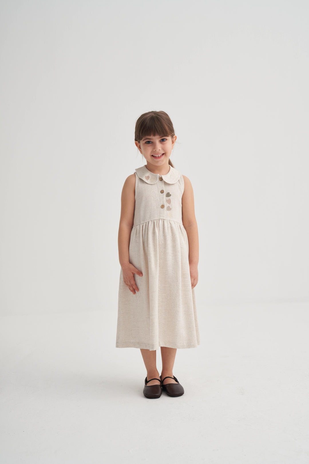 OLV462-2 KALP NAKIŞLI BEBE YAKA KETEN ELBİSE