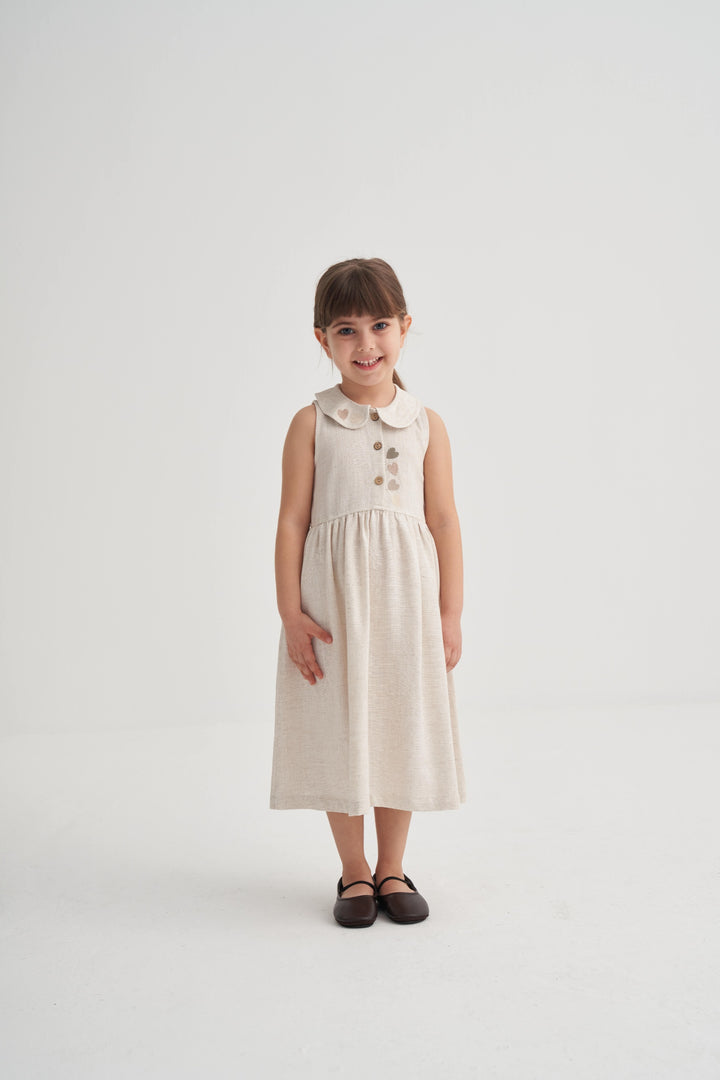 OLV462-2 KALP NAKIŞLI BEBE YAKA KETEN ELBİSE