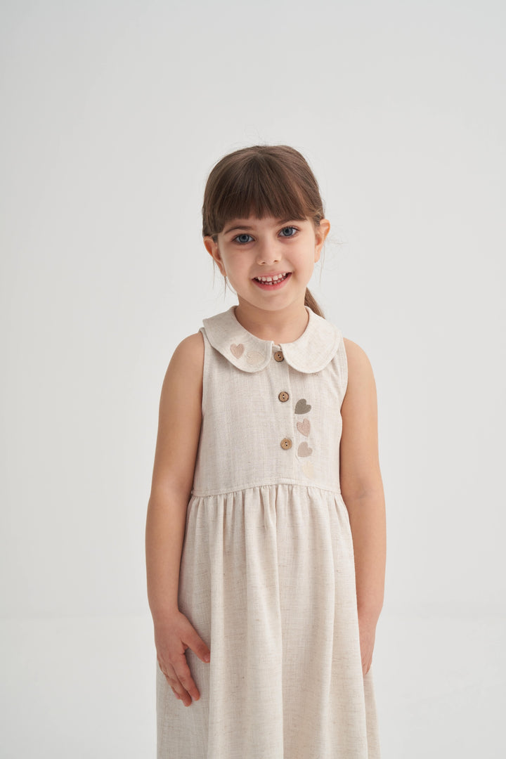 OLV462-2 KALP NAKIŞLI BEBE YAKA KETEN ELBİSE