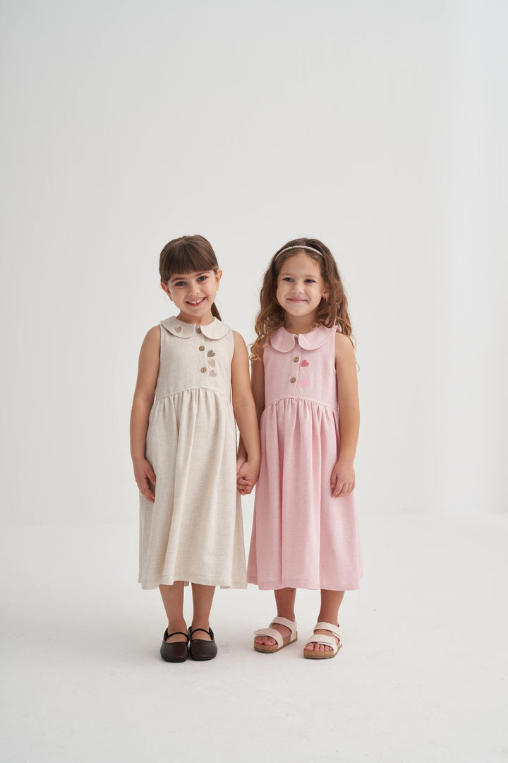 OLV462-1 KALP NAKIŞLI BEBE YAKA KETEN ELBİSE