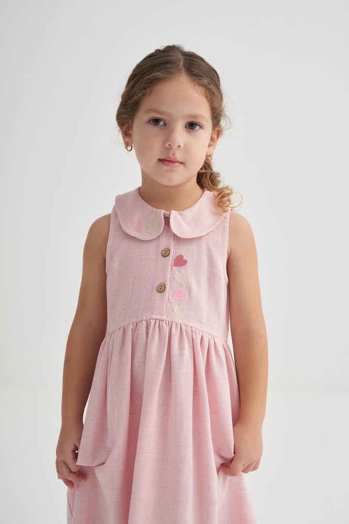 OLV462-1 KALP NAKIŞLI BEBE YAKA KETEN ELBİSE