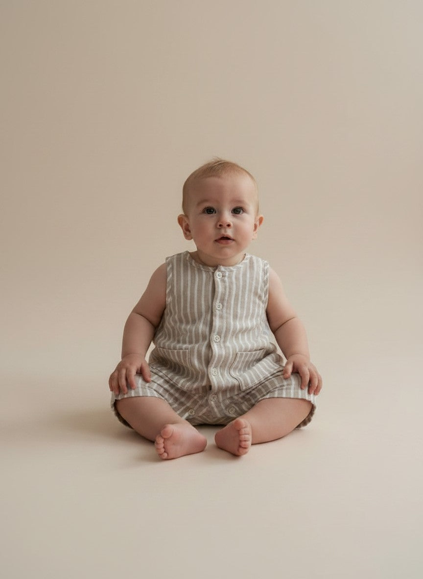 Petits Nobles  Oliver Stripe Romper – Sand