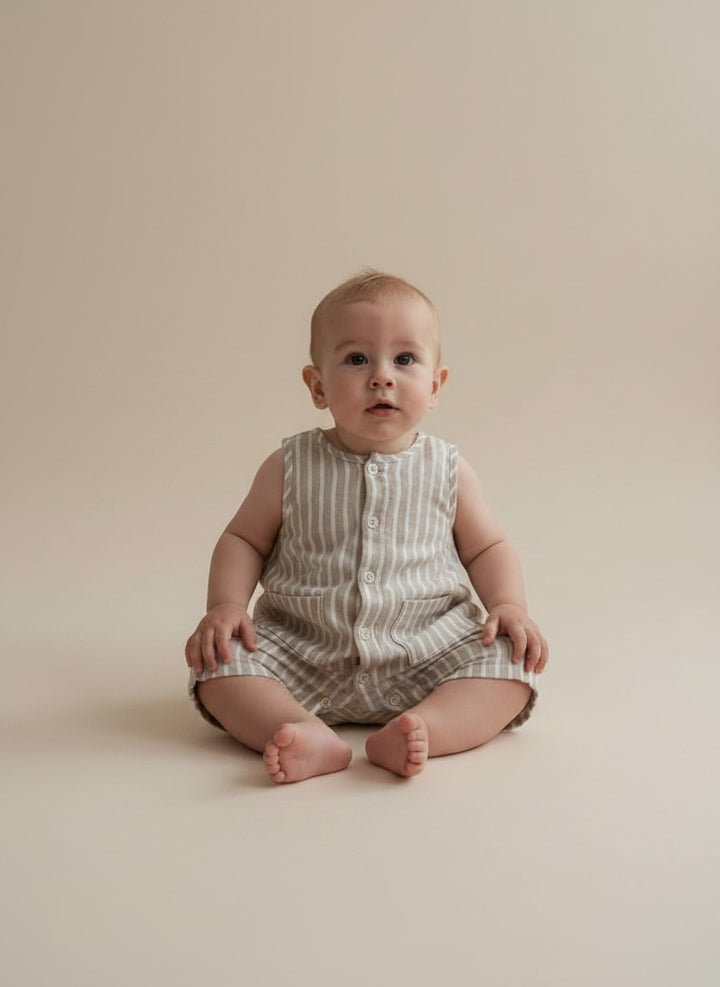 Petits Nobles  Oliver Stripe Romper – Sand