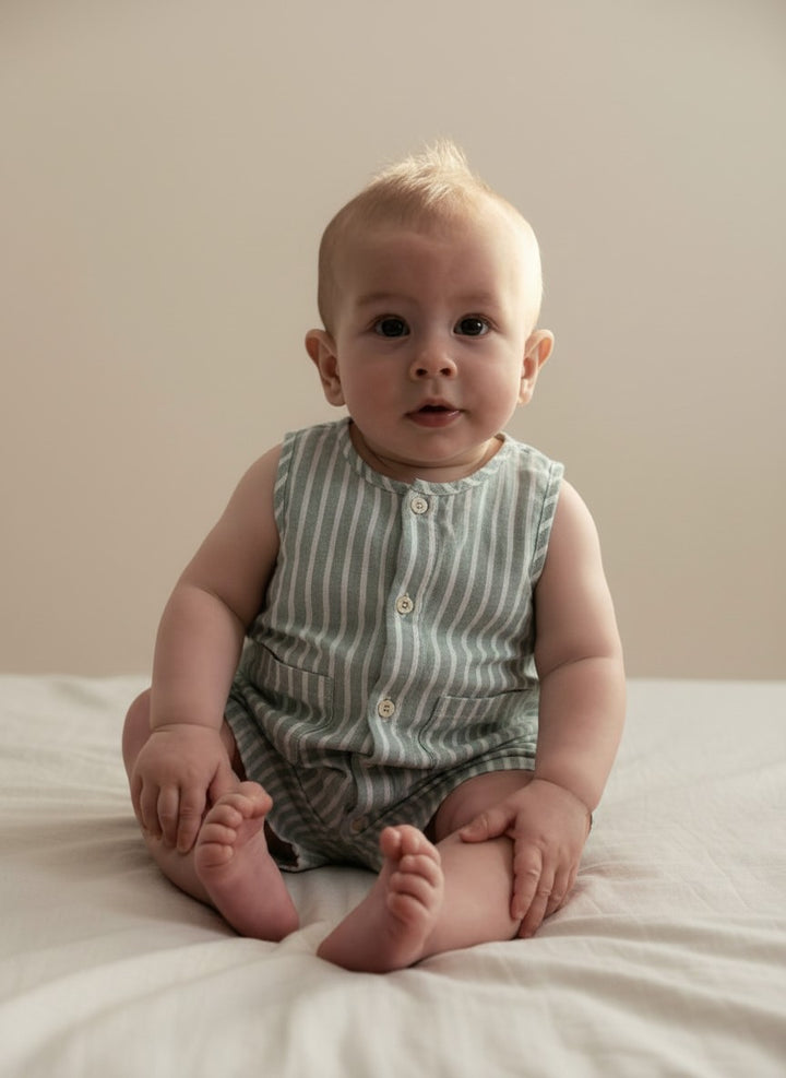 Petits Nobles Oliver Stripe Romper – Sage